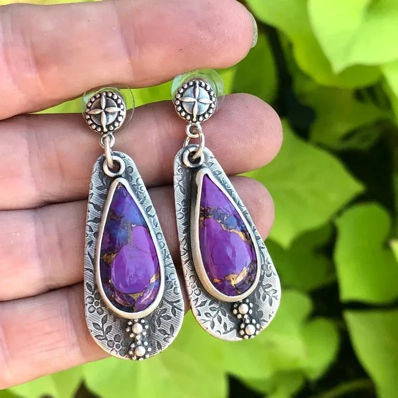 Fashion Boho Round Metal Inlaid Amethyst Earrings