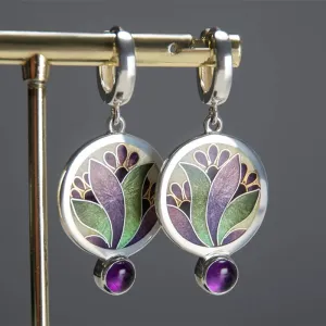 Fashion Boho Round Metal Inlaid Amethyst Earrings