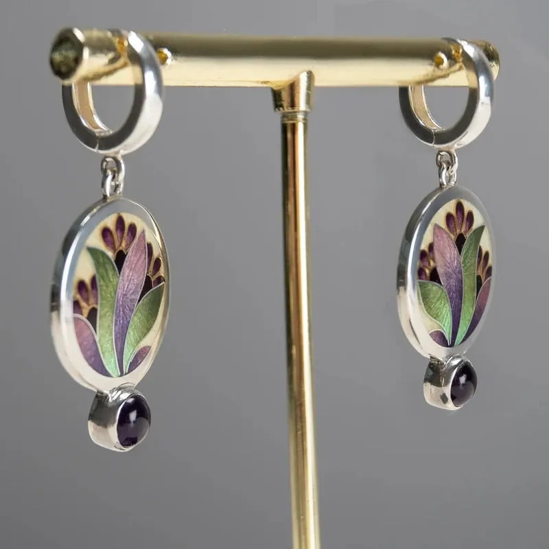 Fashion Boho Round Metal Inlaid Amethyst Earrings