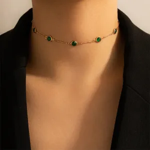 Fashion Simple Gold-plate Geometric Round Green Crystal Choker Necklace For Women Vintage Y2K Collar Jewelry Gift