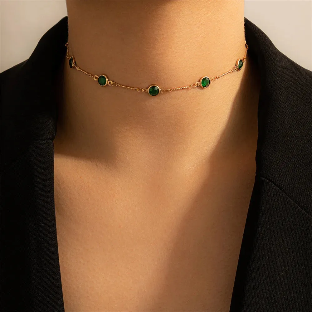 Fashion Simple Gold-plate Geometric Round Green Crystal Choker Necklace For Women Vintage Y2K Collar Jewelry Gift