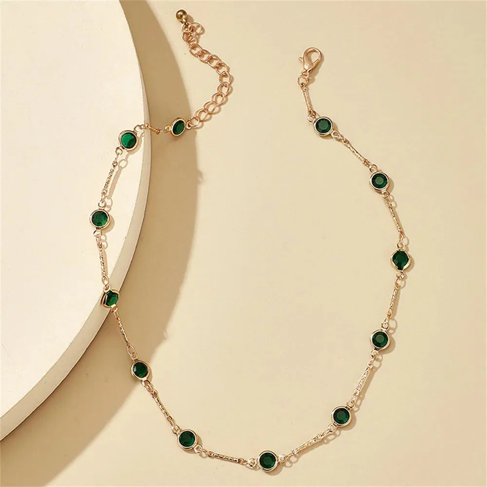 Fashion Simple Gold-plate Geometric Round Green Crystal Choker Necklace For Women Vintage Y2K Collar Jewelry Gift