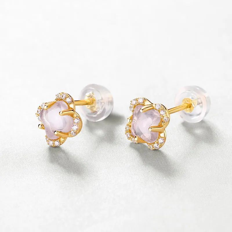 Four Leaves Clover Pink Crystal Silver Stud Earrings