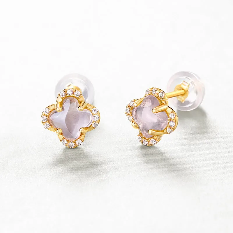 Four Leaves Clover Pink Crystal Silver Stud Earrings