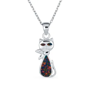 Gemstone Black Opal Cat Pendant Necklace in Sterling Silver - Cute Animal Jewelry