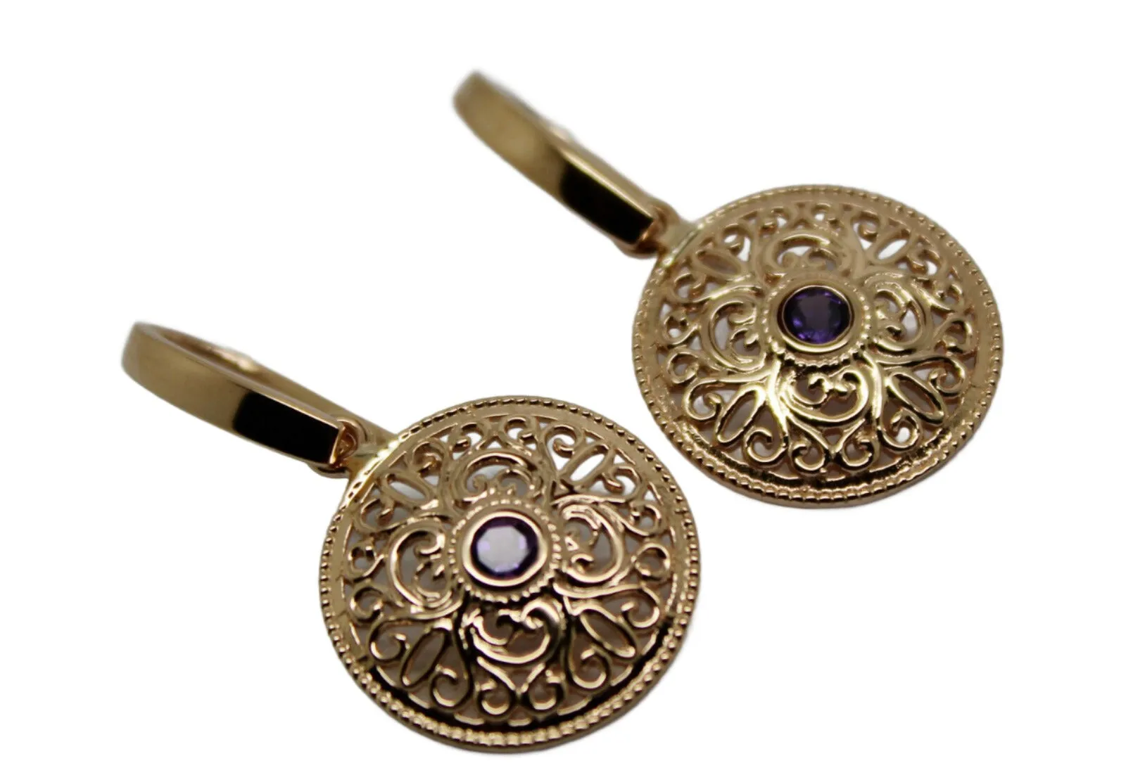 Genuine Heavy 9ct 9k Solid Yellow, Rose & White Gold Antique Sapphire Filigree Drop Earrings