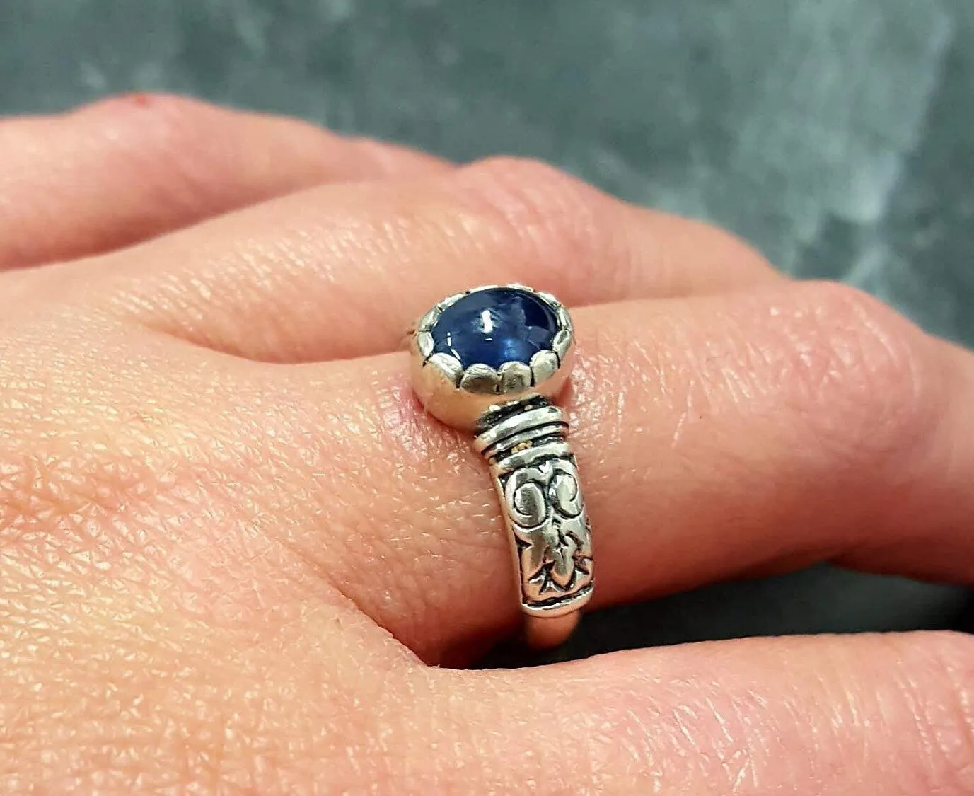 Genuine Sapphire Ring - Blue Solitaire Ring - Vintage Tribal Band