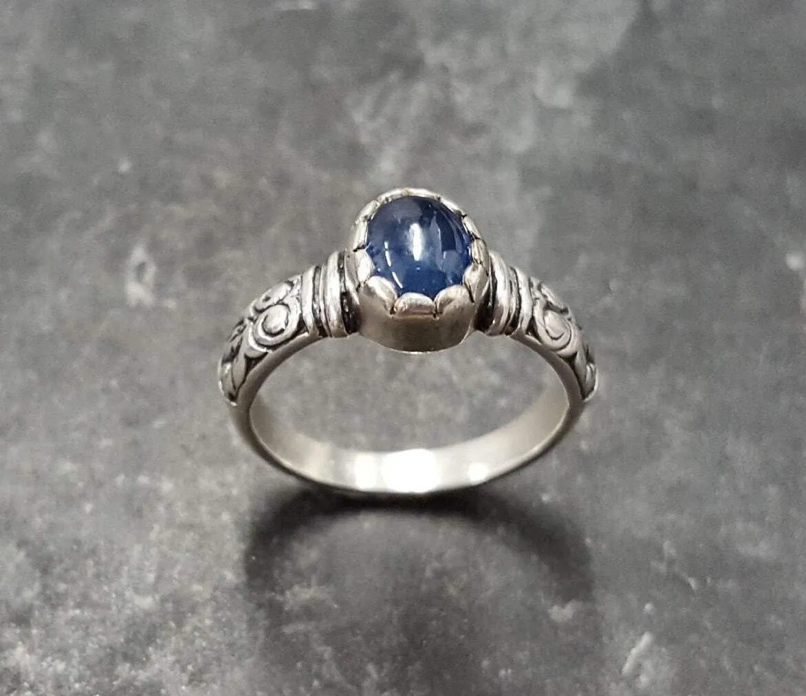 Genuine Sapphire Ring - Blue Solitaire Ring - Vintage Tribal Band