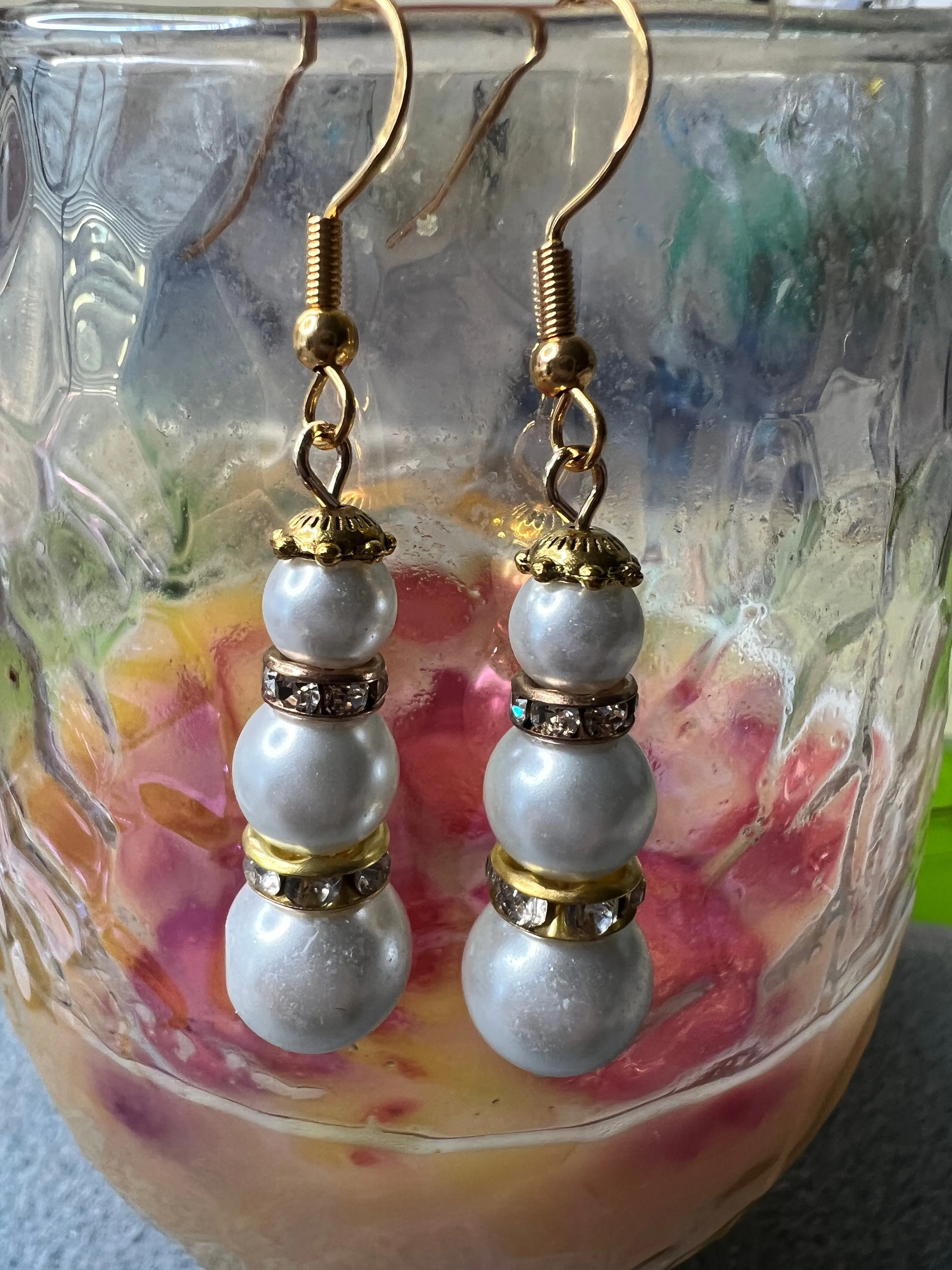 Gold Bling and White Pearl Stacked Earrings