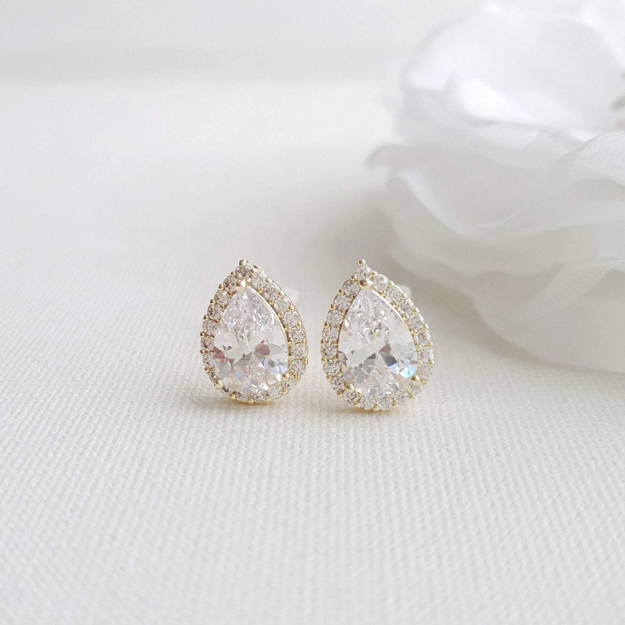 Gold Clip On Earrings in Teardrop CZ for Brides Bridesmaids-Emma