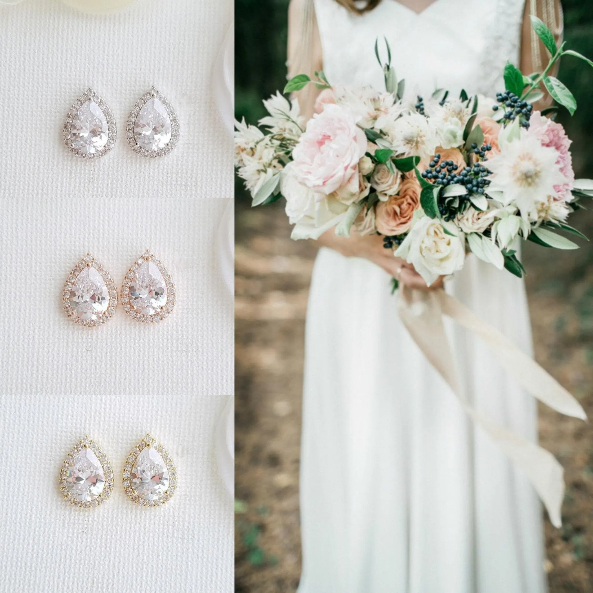 Gold Clip On Earrings in Teardrop CZ for Brides Bridesmaids-Emma