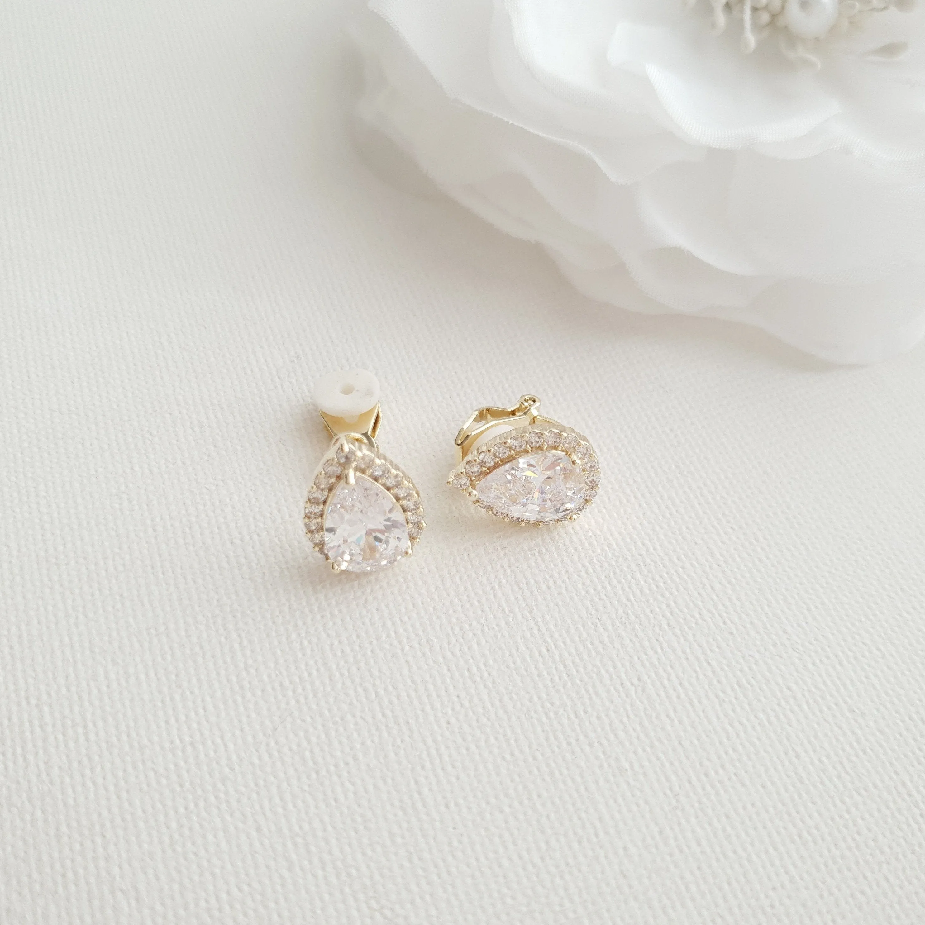 Gold Clip On Earrings in Teardrop CZ for Brides Bridesmaids-Emma