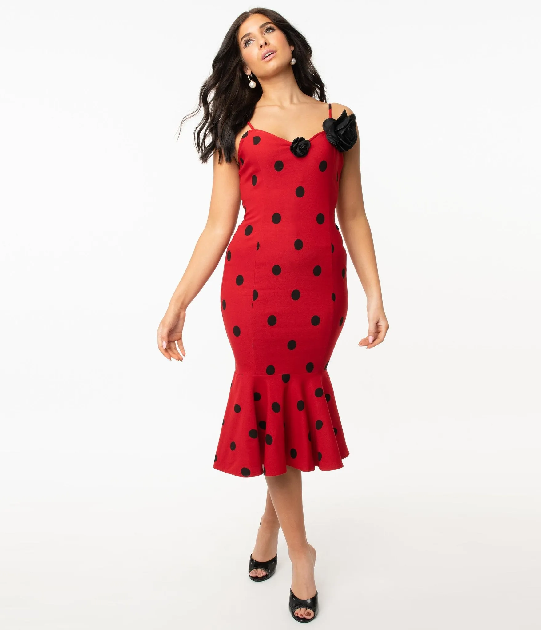 Grease x Unique Vintage Red & Black Polka Dot Rizzo Wiggle Dress (4XL ONLY)