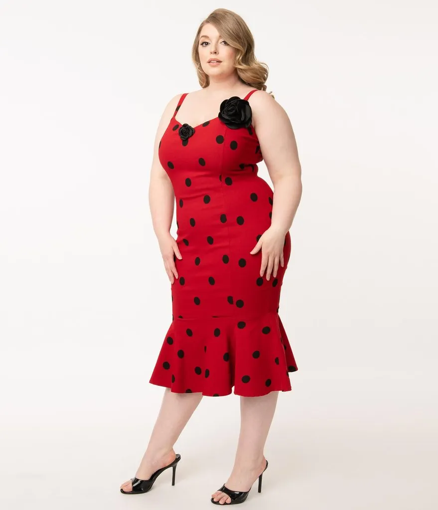 Grease x Unique Vintage Red & Black Polka Dot Rizzo Wiggle Dress (4XL ONLY)