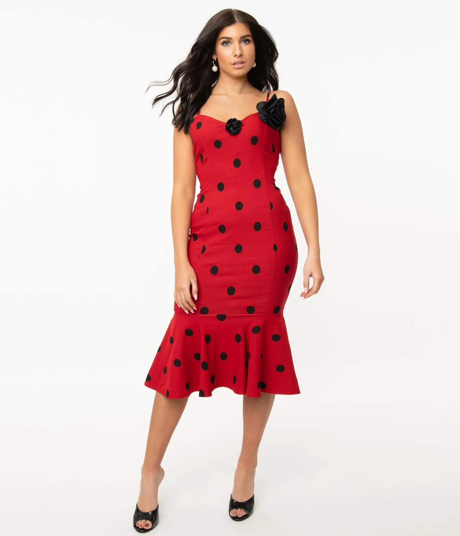 Grease x Unique Vintage Red & Black Polka Dot Rizzo Wiggle Dress (4XL ONLY)