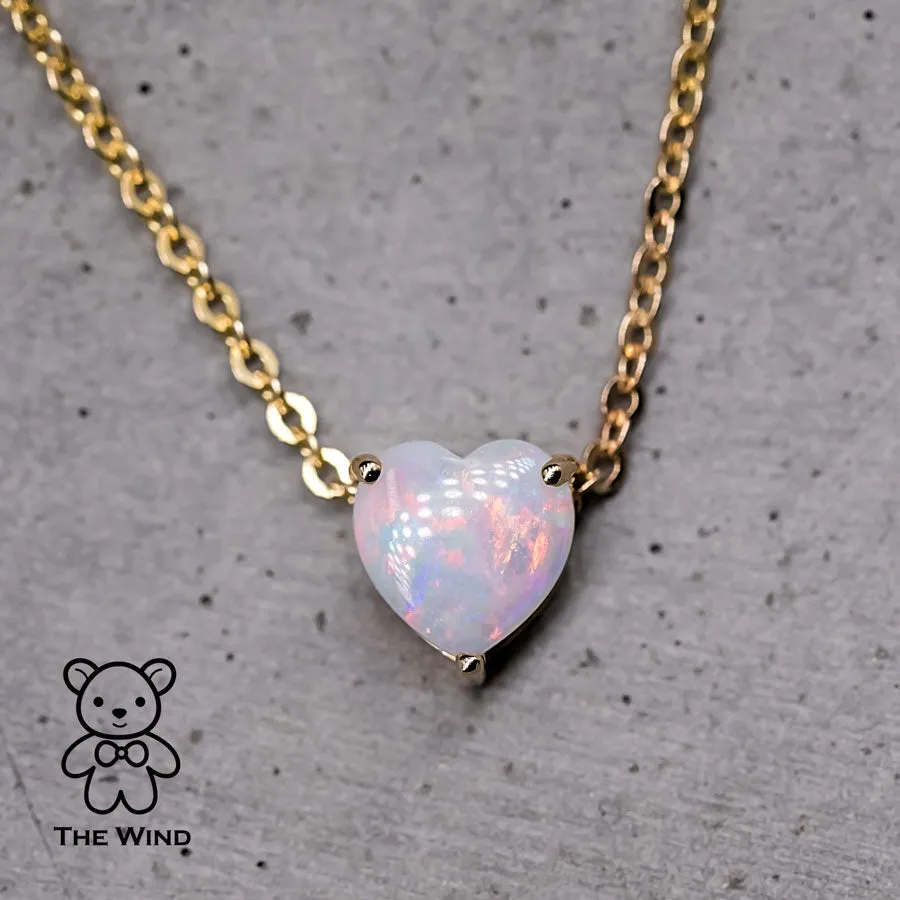 Heart Shaped Australian Solid Opal Necklace 14k Yellow Gold