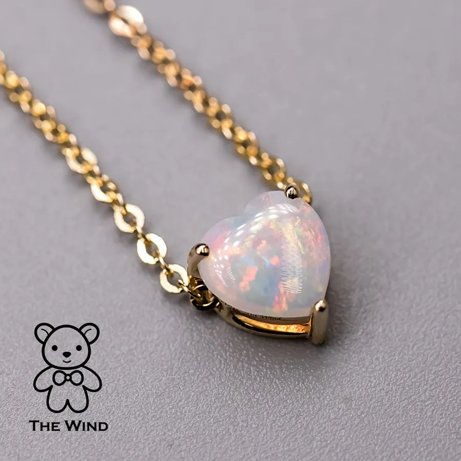 Heart Shaped Australian Solid Opal Necklace 14k Yellow Gold