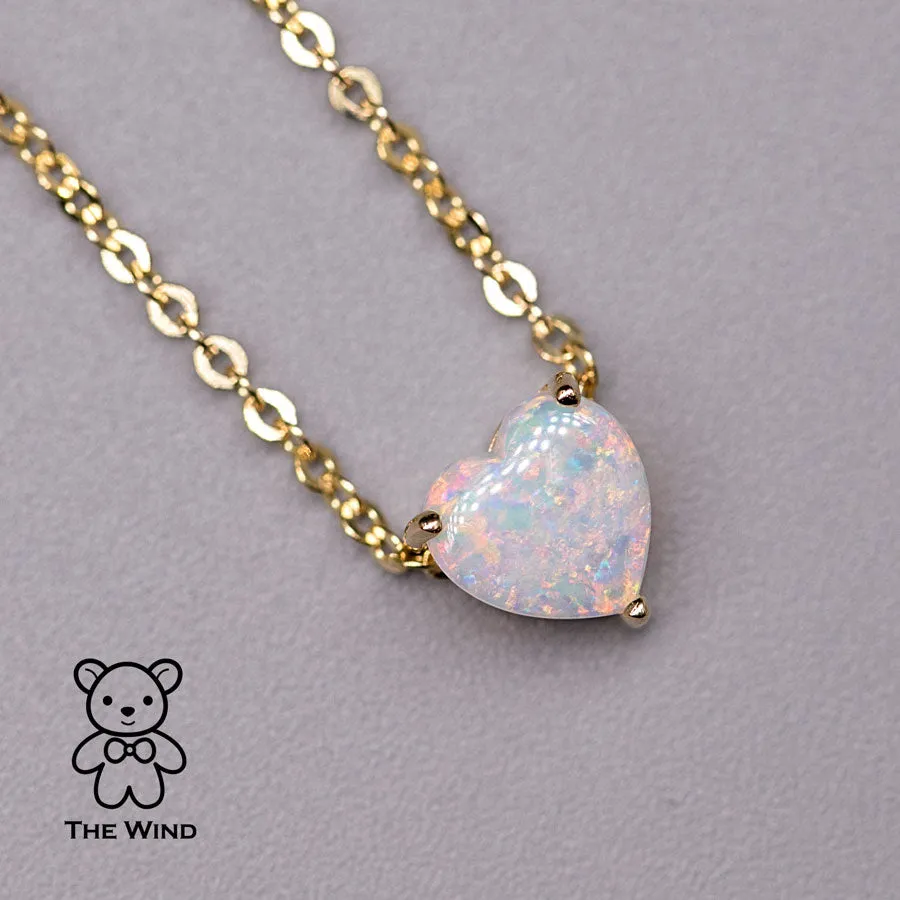 Heart Shaped Australian Solid Opal Necklace 14k Yellow Gold