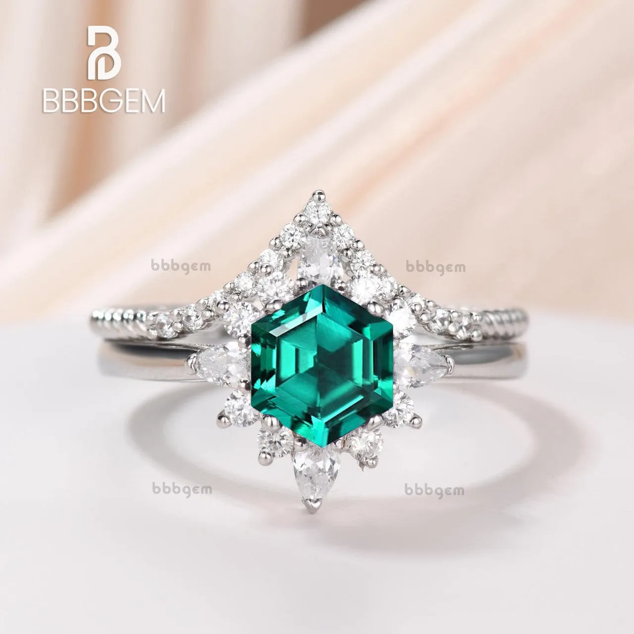 Hexgon Lab Emerald Silver Ring Set White Gold Plated Curved Elongated Rope Diamond Chervon Band