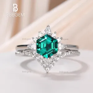 Hexgon Lab Emerald Silver Ring Set White Gold Plated Curved Elongated Rope Diamond Chervon Band