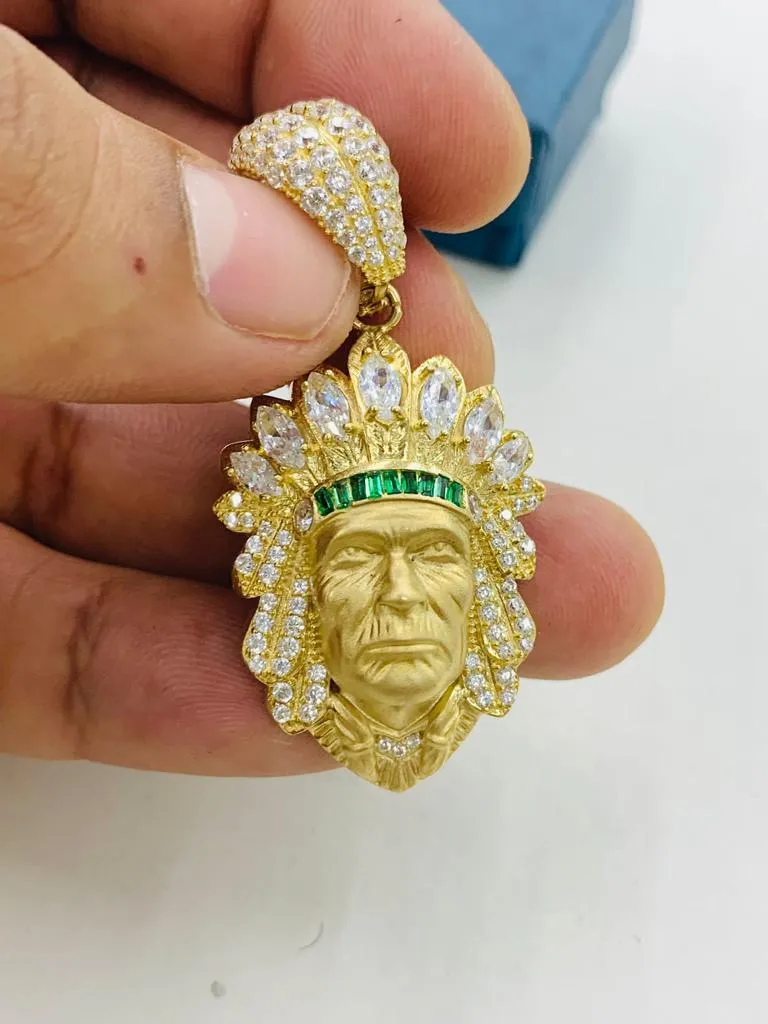 Indian Head Pendant for Men 14K Real Gold CZ 39x25 Native Chief Pendant