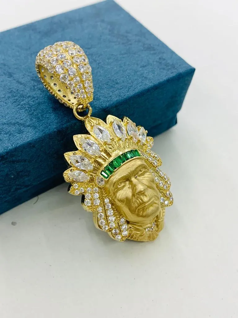 Indian Head Pendant for Men 14K Real Gold CZ 39x25 Native Chief Pendant