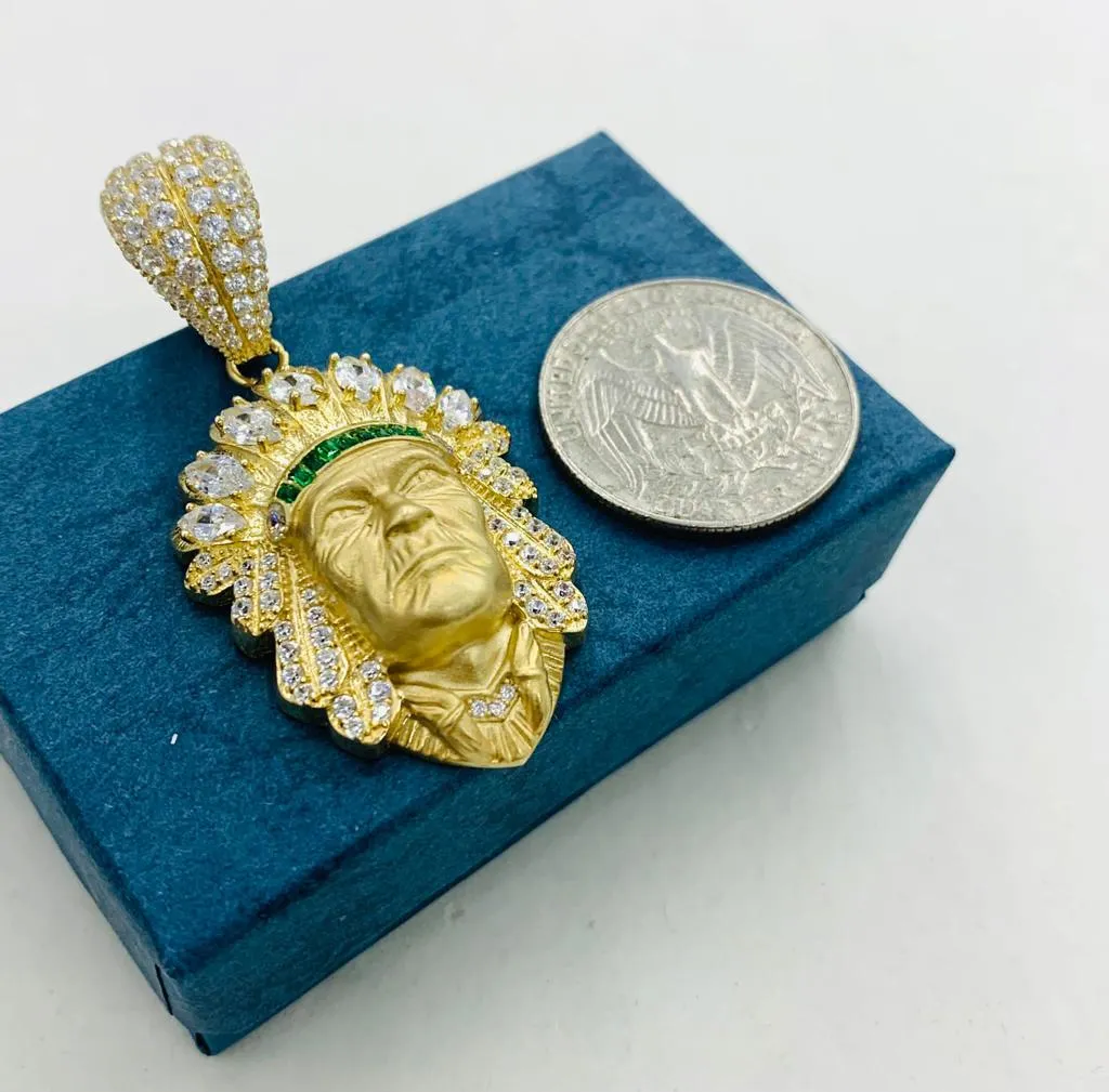 Indian Head Pendant for Men 14K Real Gold CZ 39x25 Native Chief Pendant