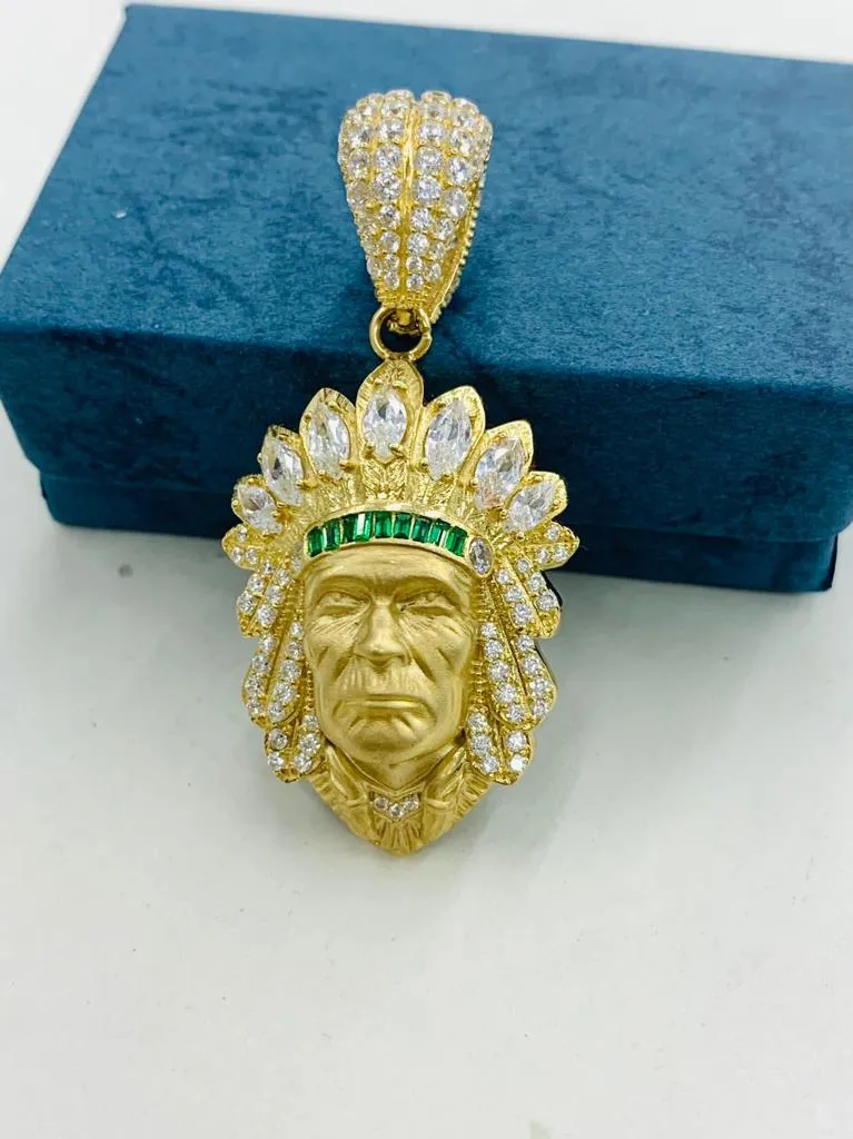 Indian Head Pendant for Men 14K Real Gold CZ 39x25 Native Chief Pendant