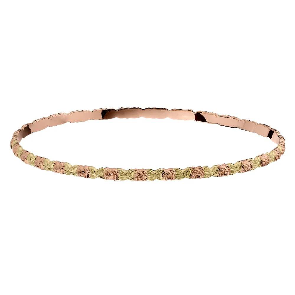 Jabel's Pink and Green Gold Wide Stackable Floral Bangle Bracelet (2.5MM)