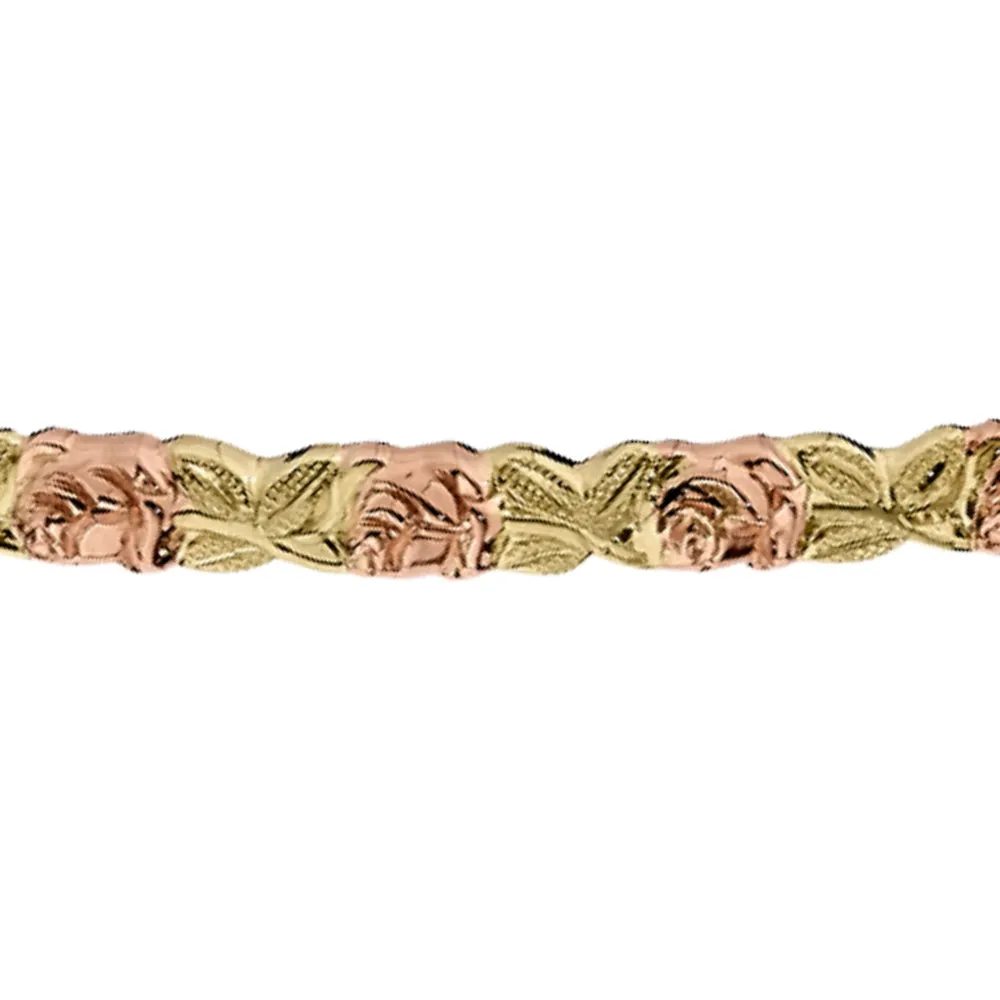 Jabel's Pink and Green Gold Wide Stackable Floral Bangle Bracelet (2.5MM)