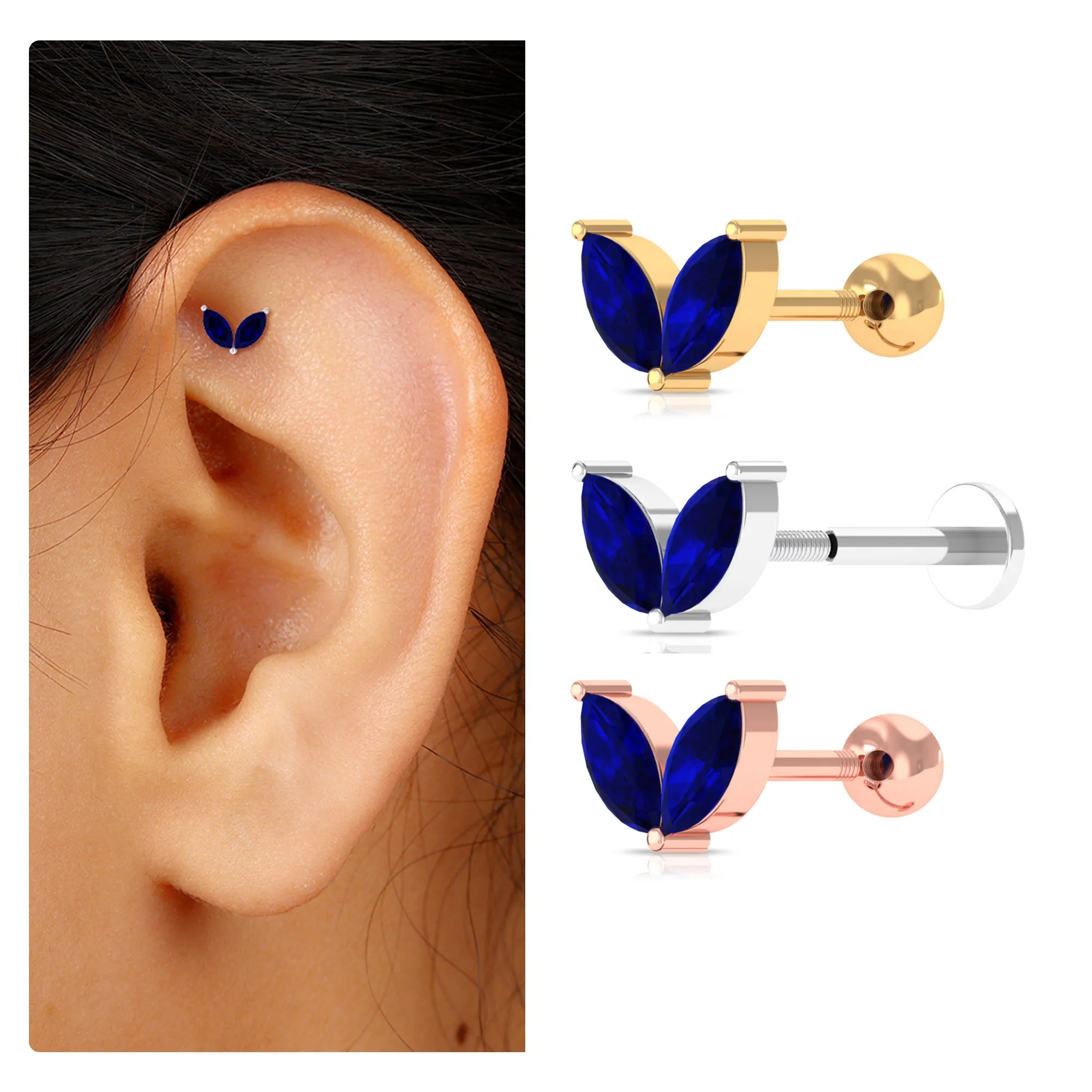 Lab Created Blue Sapphire 2 Stone Leaf Helix Earring