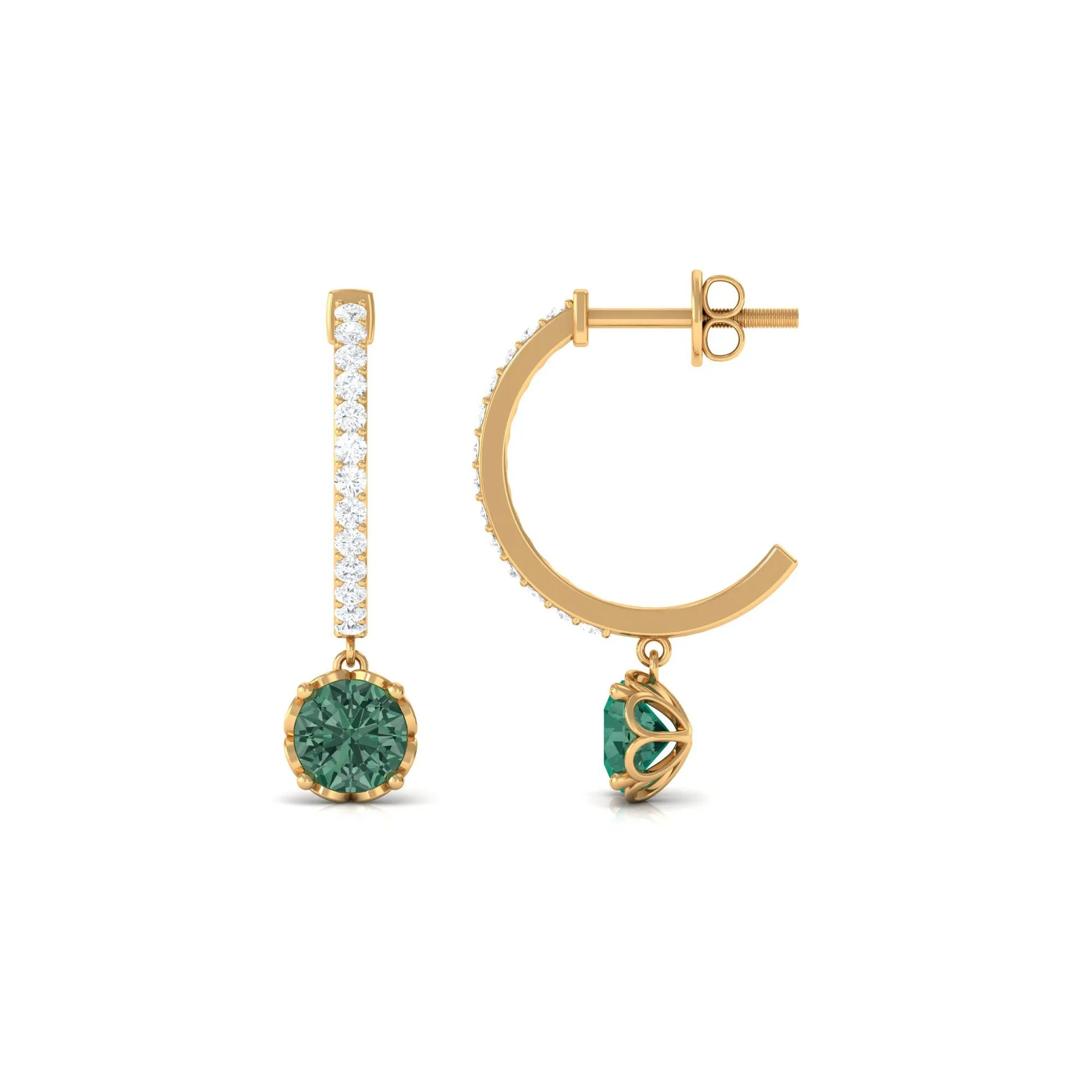 Lab Grown Green Sapphire Drop Hoop Earrings with Diamond