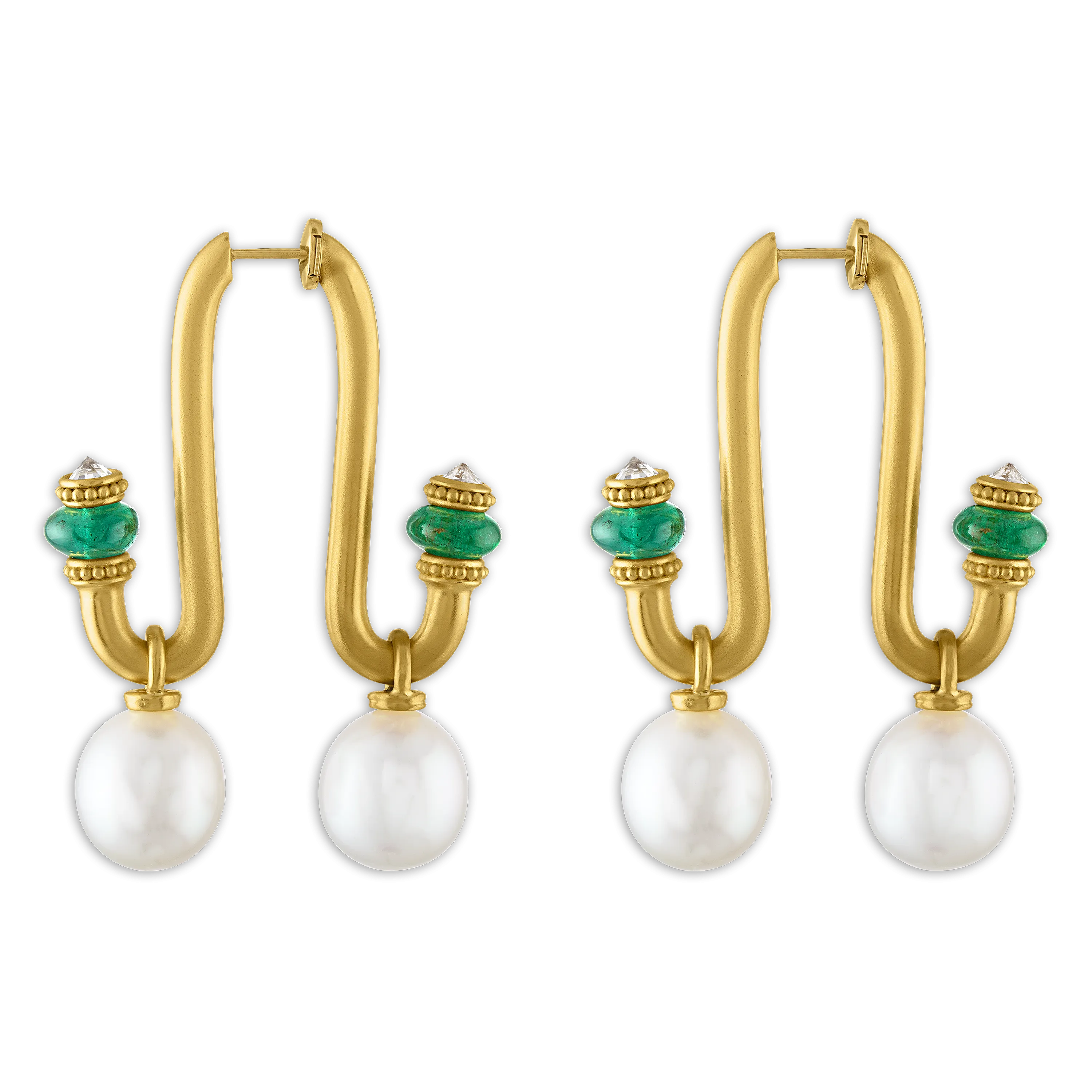 Large South Sea Pearl, Emerald, and Old Mine Diamond Tuba Earrings