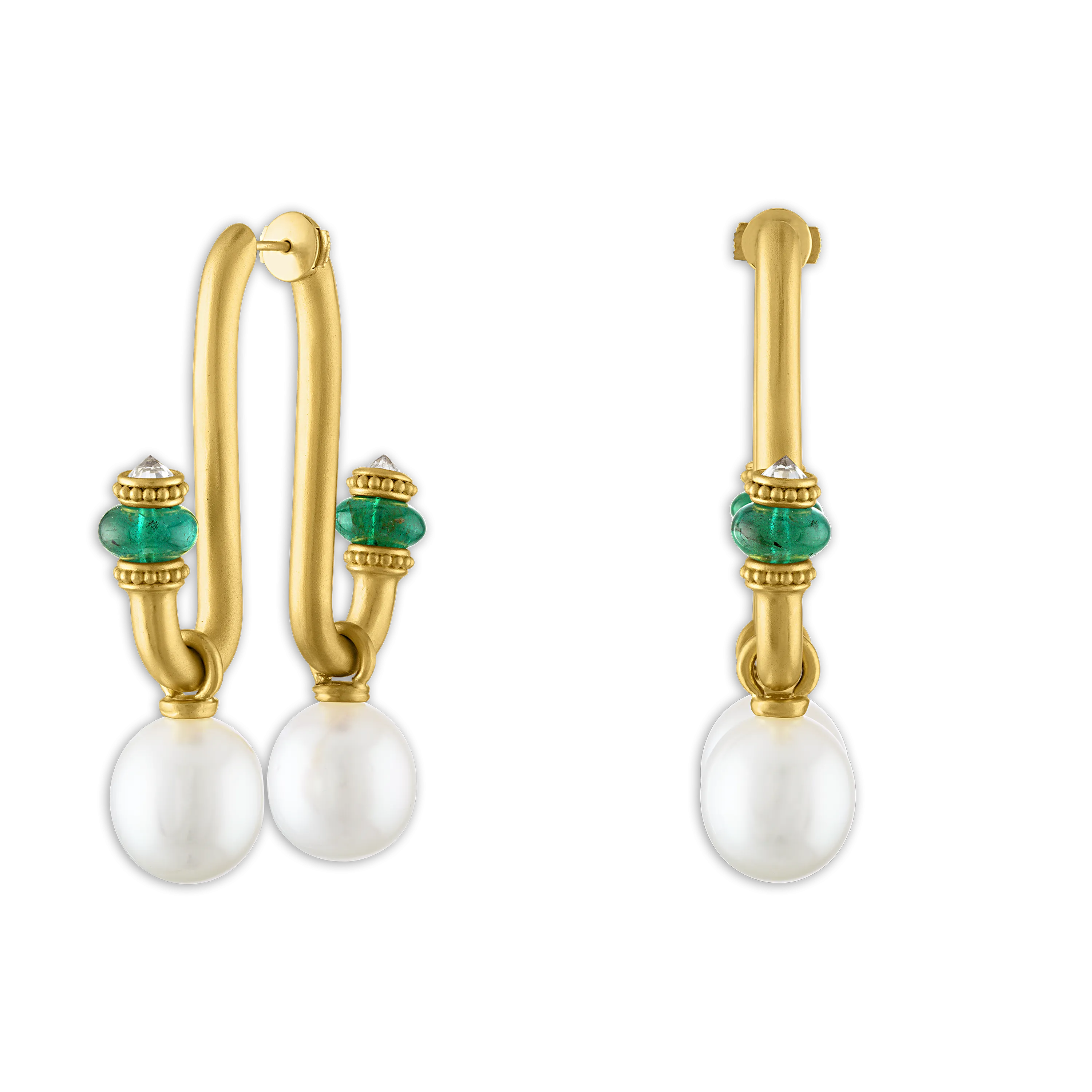 Large South Sea Pearl, Emerald, and Old Mine Diamond Tuba Earrings