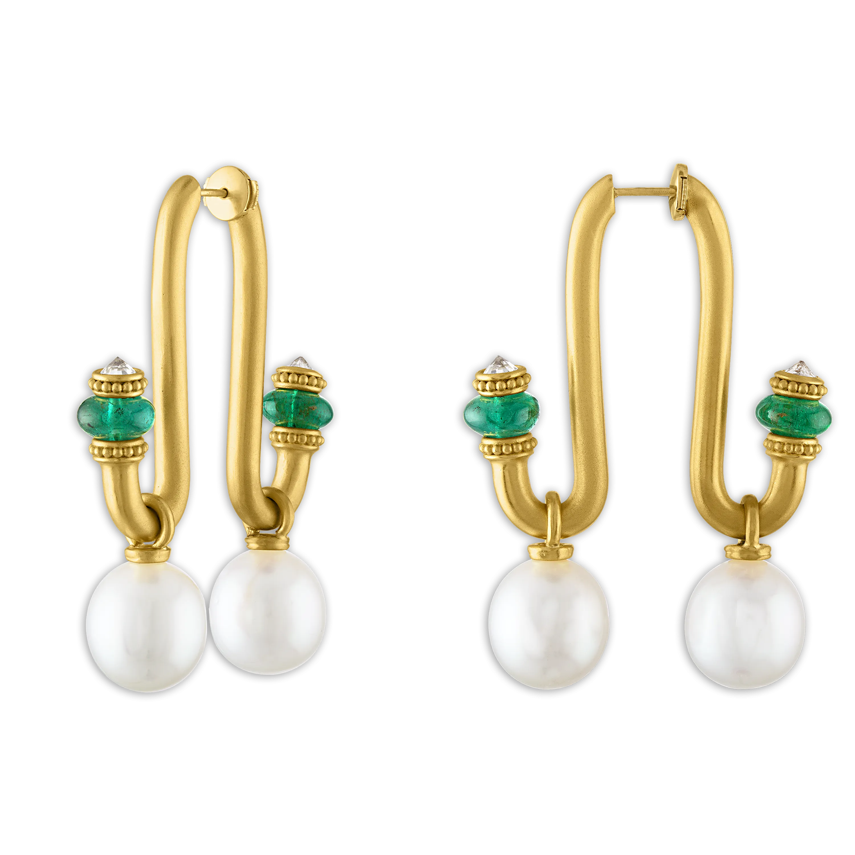 Large South Sea Pearl, Emerald, and Old Mine Diamond Tuba Earrings