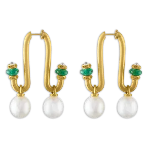 Large South Sea Pearl, Emerald, and Old Mine Diamond Tuba Earrings