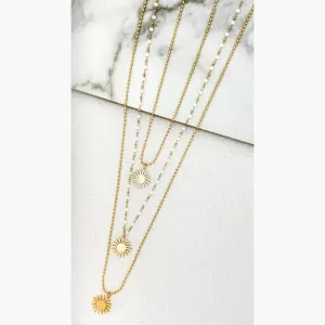 Long Gold And White Bead Triple Layer Necklace