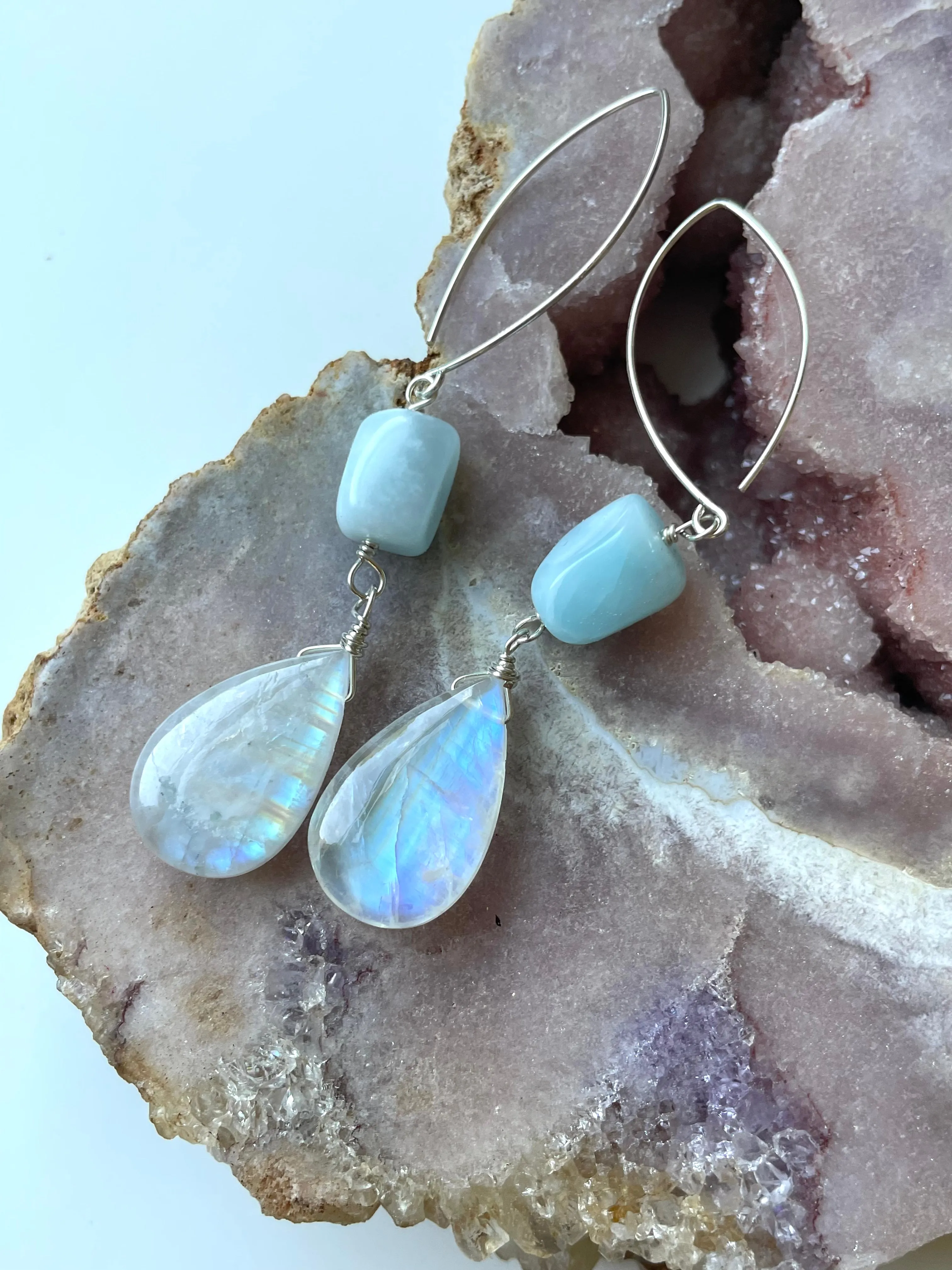 Long Larimar and Moonstone Earrings Sterling Silver or Gold Filled