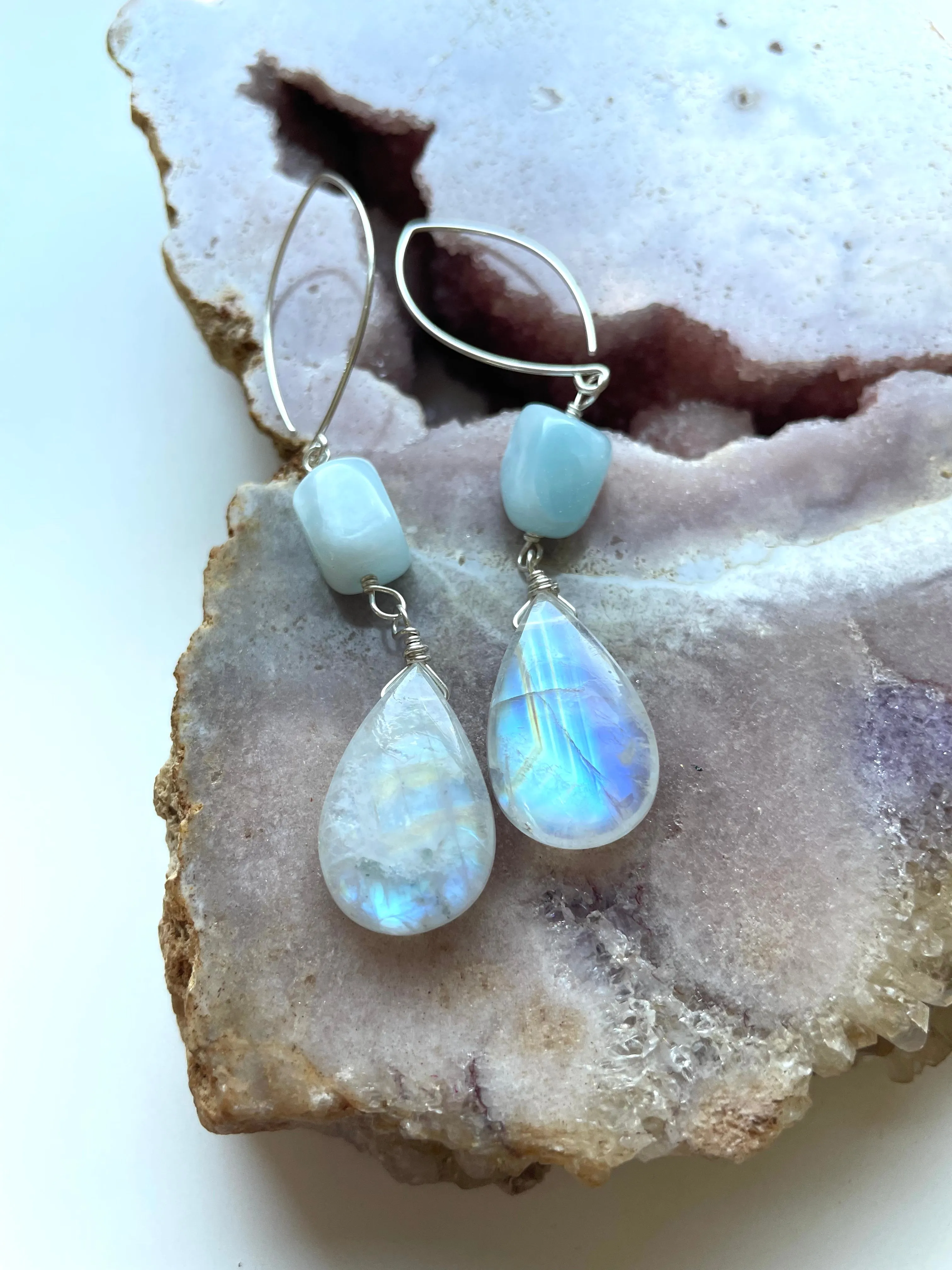 Long Larimar and Moonstone Earrings Sterling Silver or Gold Filled