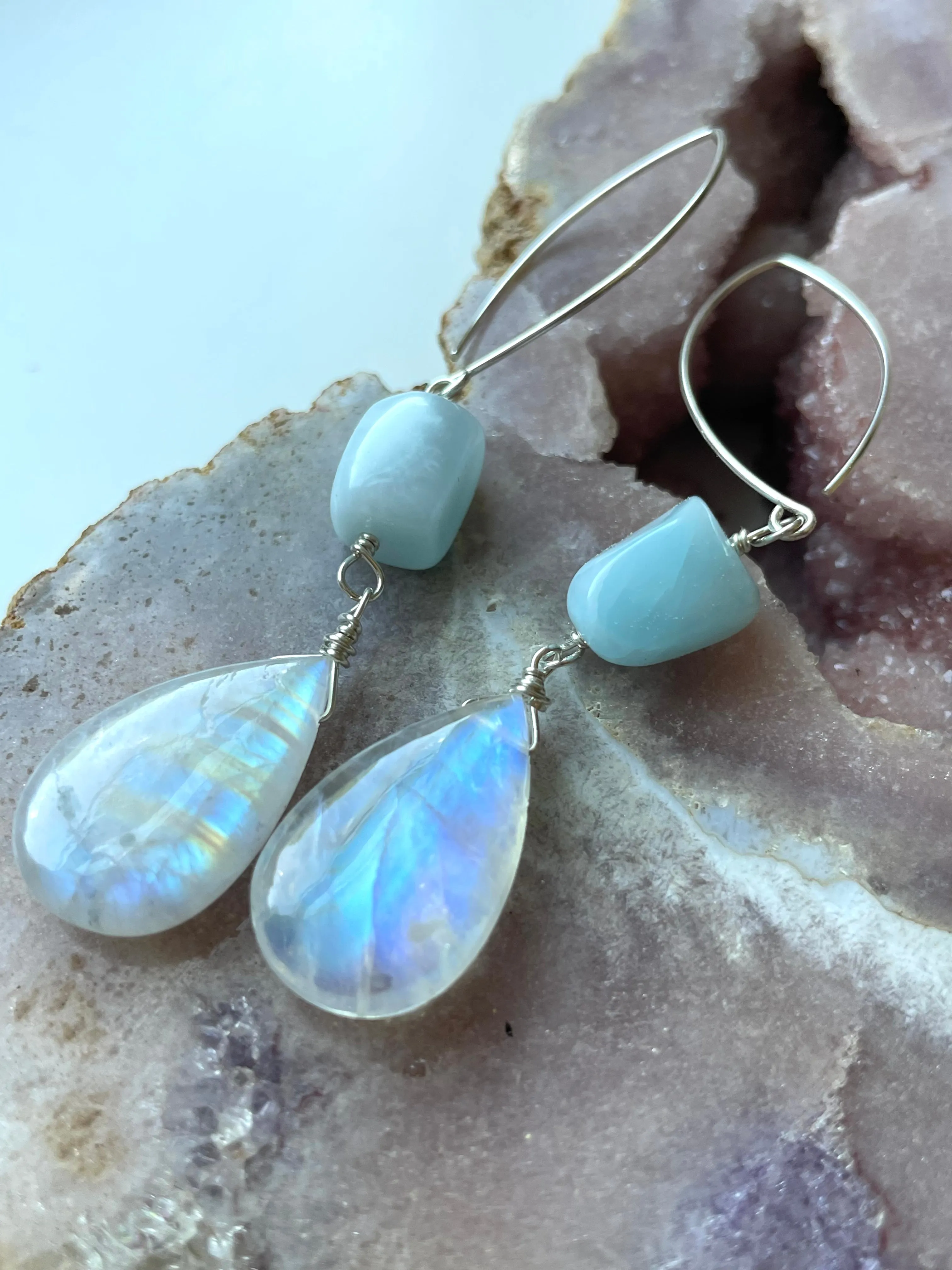 Long Larimar and Moonstone Earrings Sterling Silver or Gold Filled