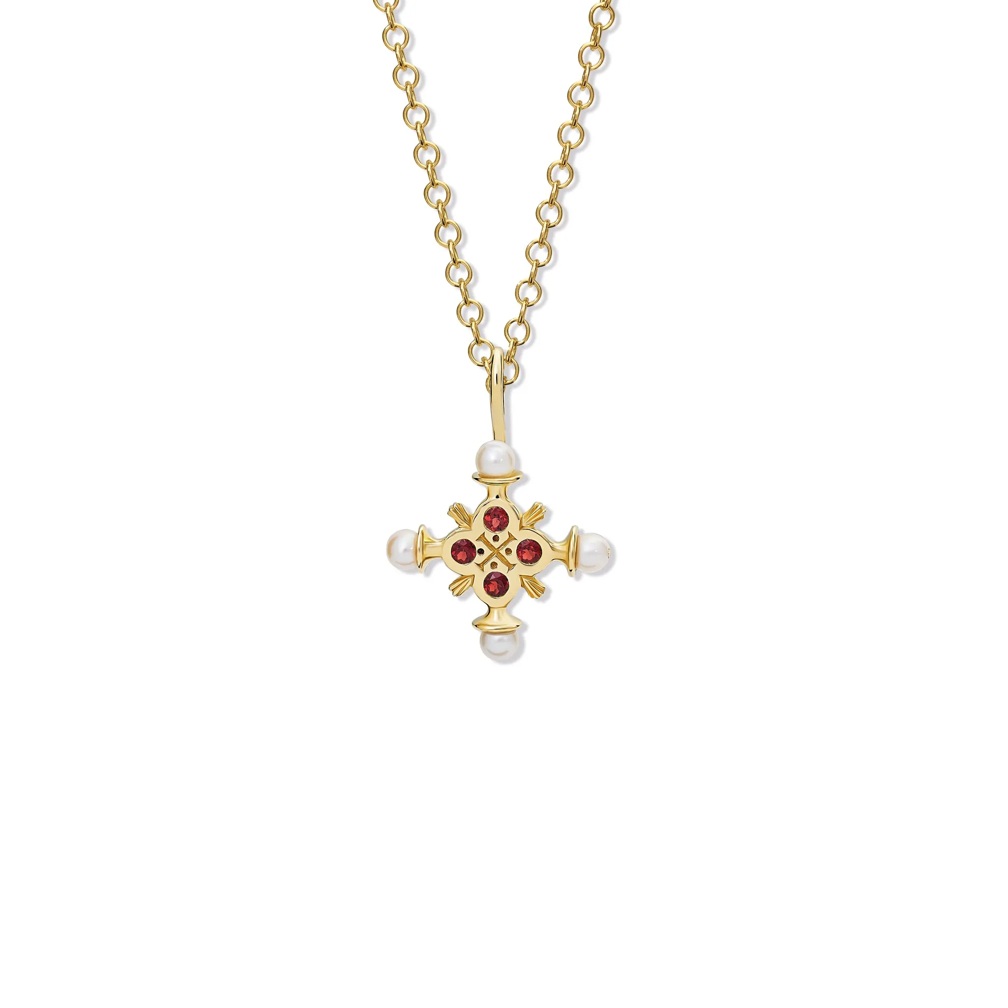 Madrid Small Cross Pendant Yellow Gold - Red Garnet & Pearl