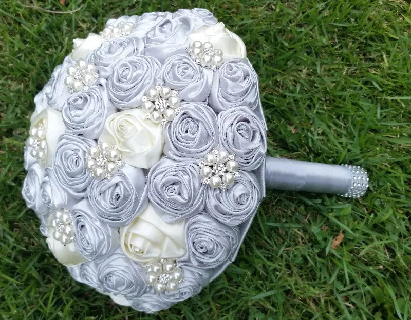 MEGAN~EMR Ivory Silver Satin Rose Brooch Bouquet or DIY KIT