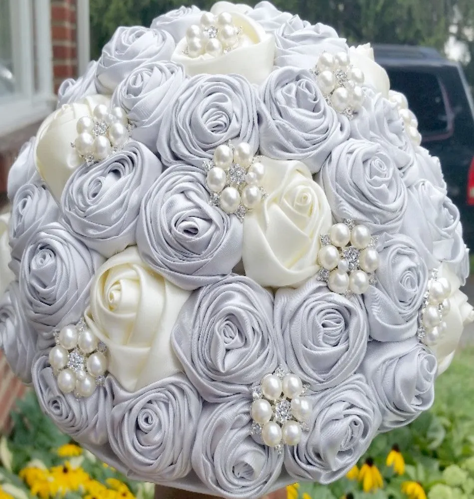 MEGAN~EMR Ivory Silver Satin Rose Brooch Bouquet or DIY KIT