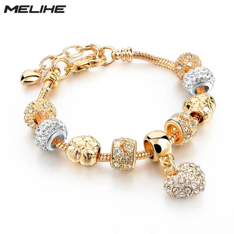 MELIHE Crystal Heart Charm Bracelet For Women Gold Bracelets Bangles Female Jewelry SBR160059