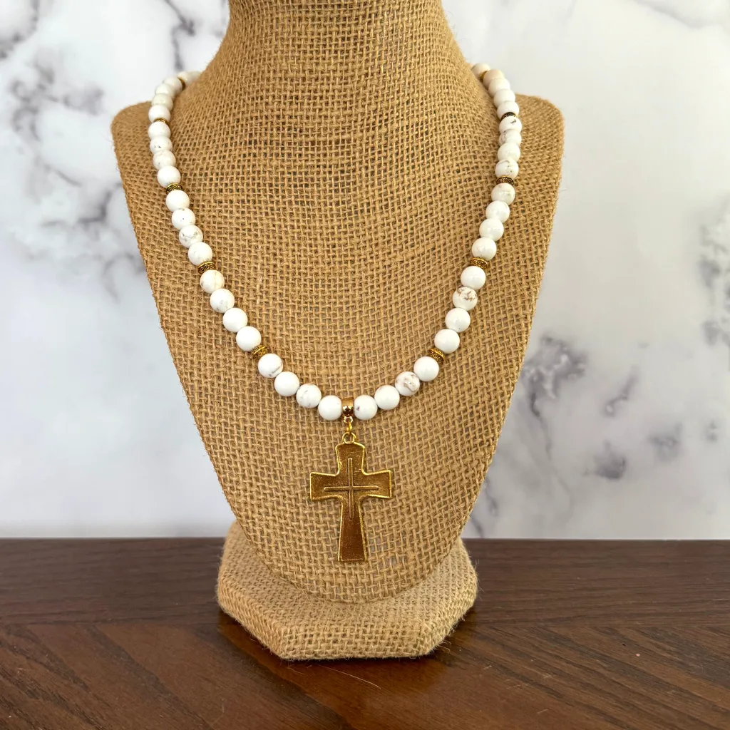 Mens Magnesite Beaded Necklace with Large Gold Cross