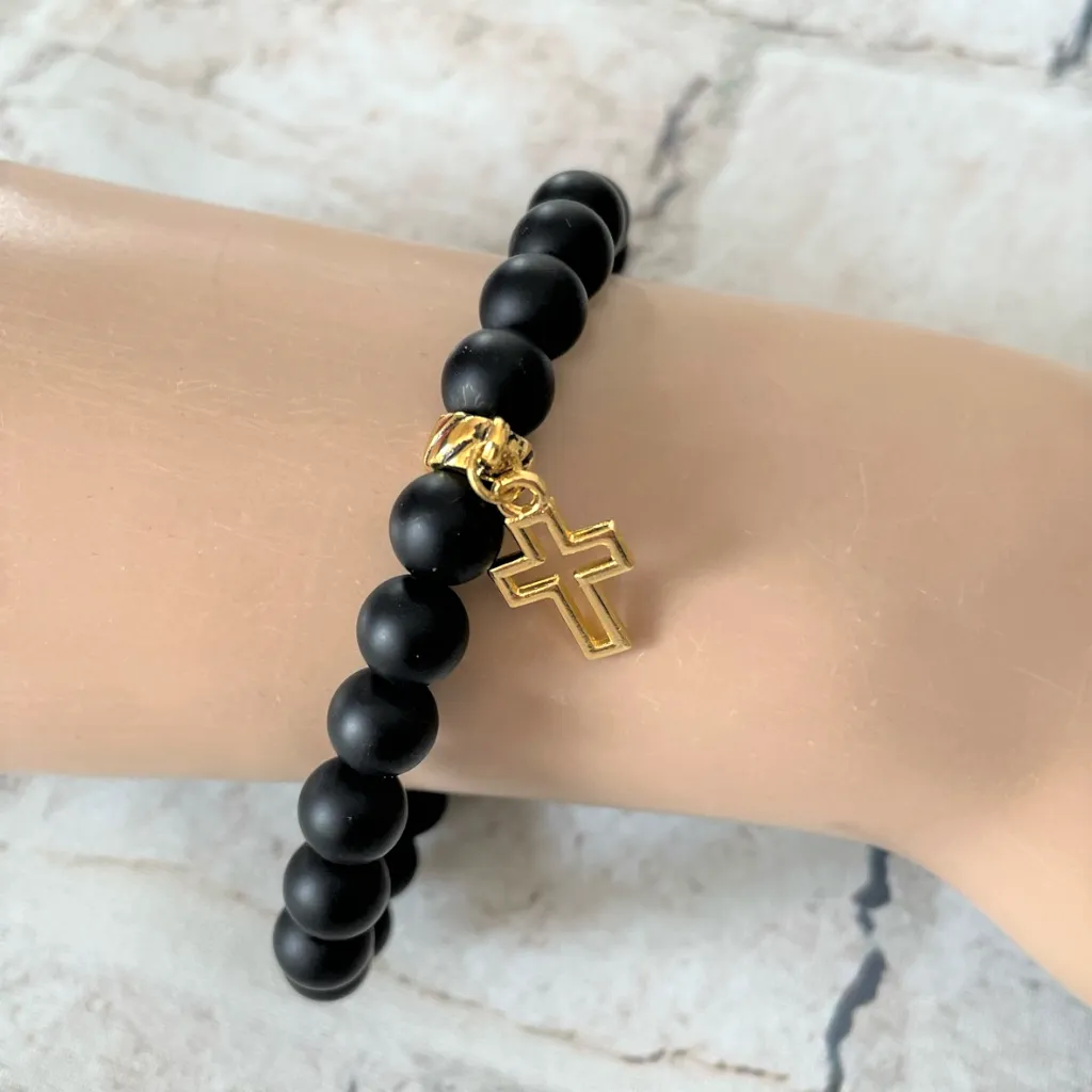 Mens Matte Black Onyx Beaded Bracelet with Gold Cross