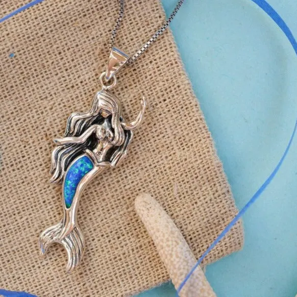 Mermaid Pendant Necklace with Blue Opal