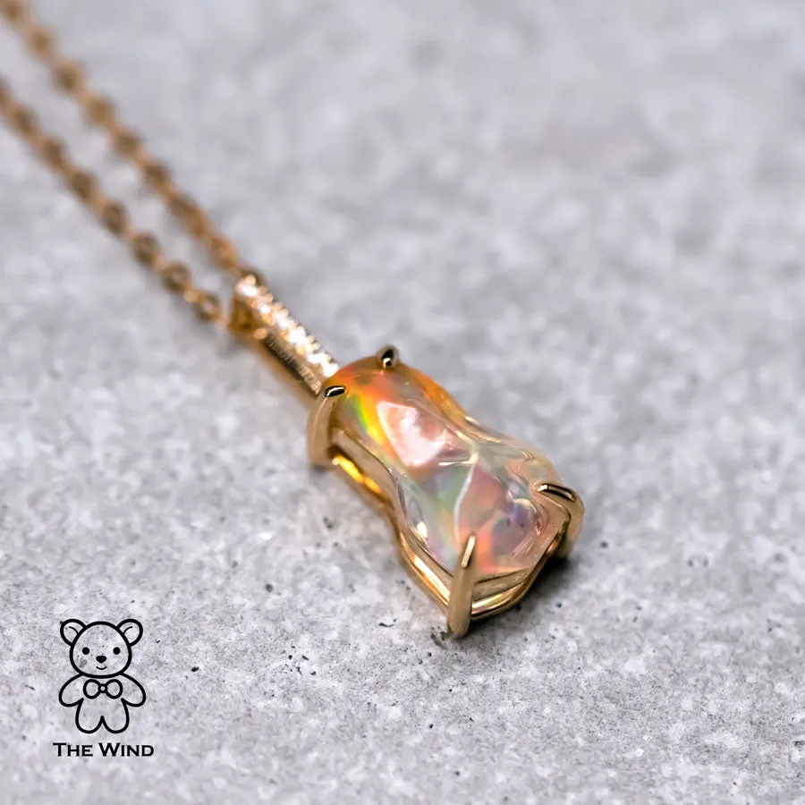 Minimalist Mexican Fire Opal Diamond Pendant Necklace 18K Yellow Gold