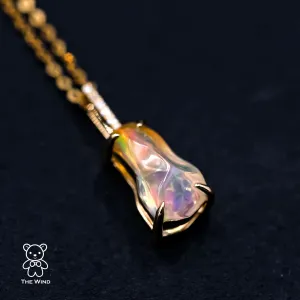 Minimalist Mexican Fire Opal Diamond Pendant Necklace 18K Yellow Gold