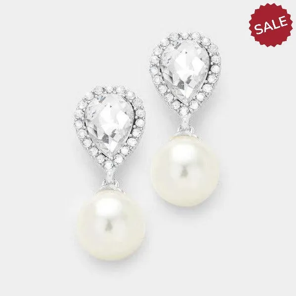 Miro Pearl & Clear Crystal Teardrop Silver Earrings